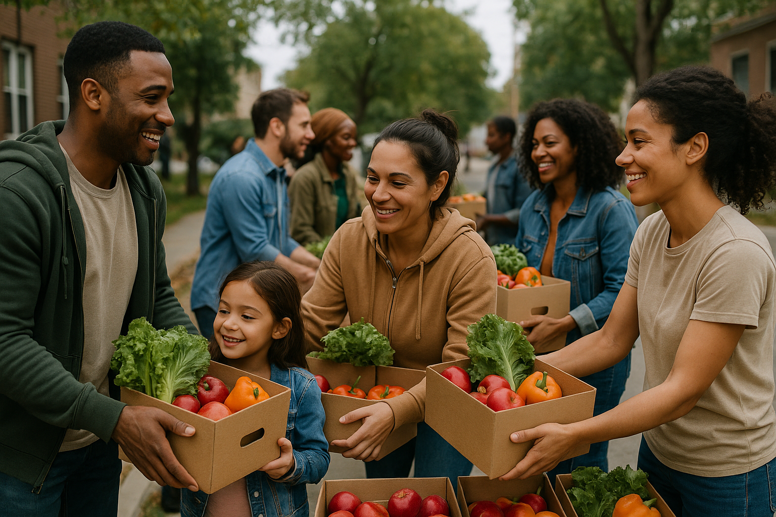 Community volunteers distributing produce to families