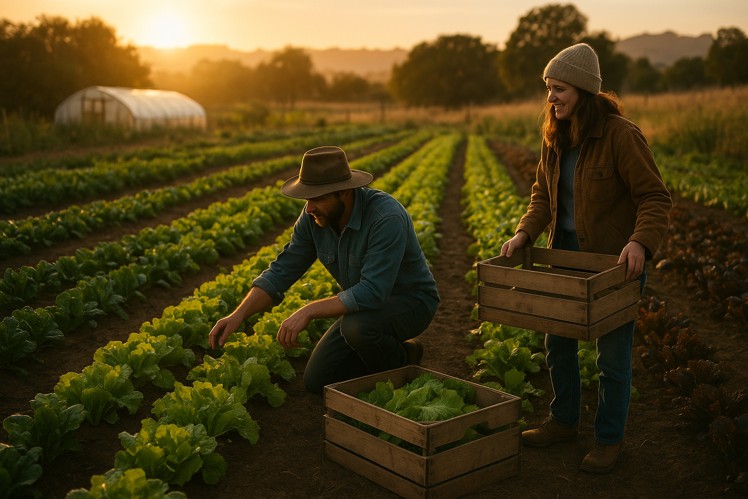 Farmers harvesting produce on a small farm
